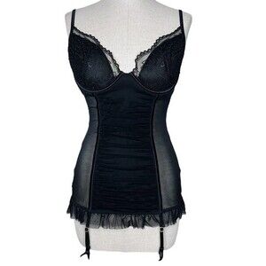 Very Sexy by Victoria's Secret Bustier sz M * Black Sheer Mesh Scalloped Edges